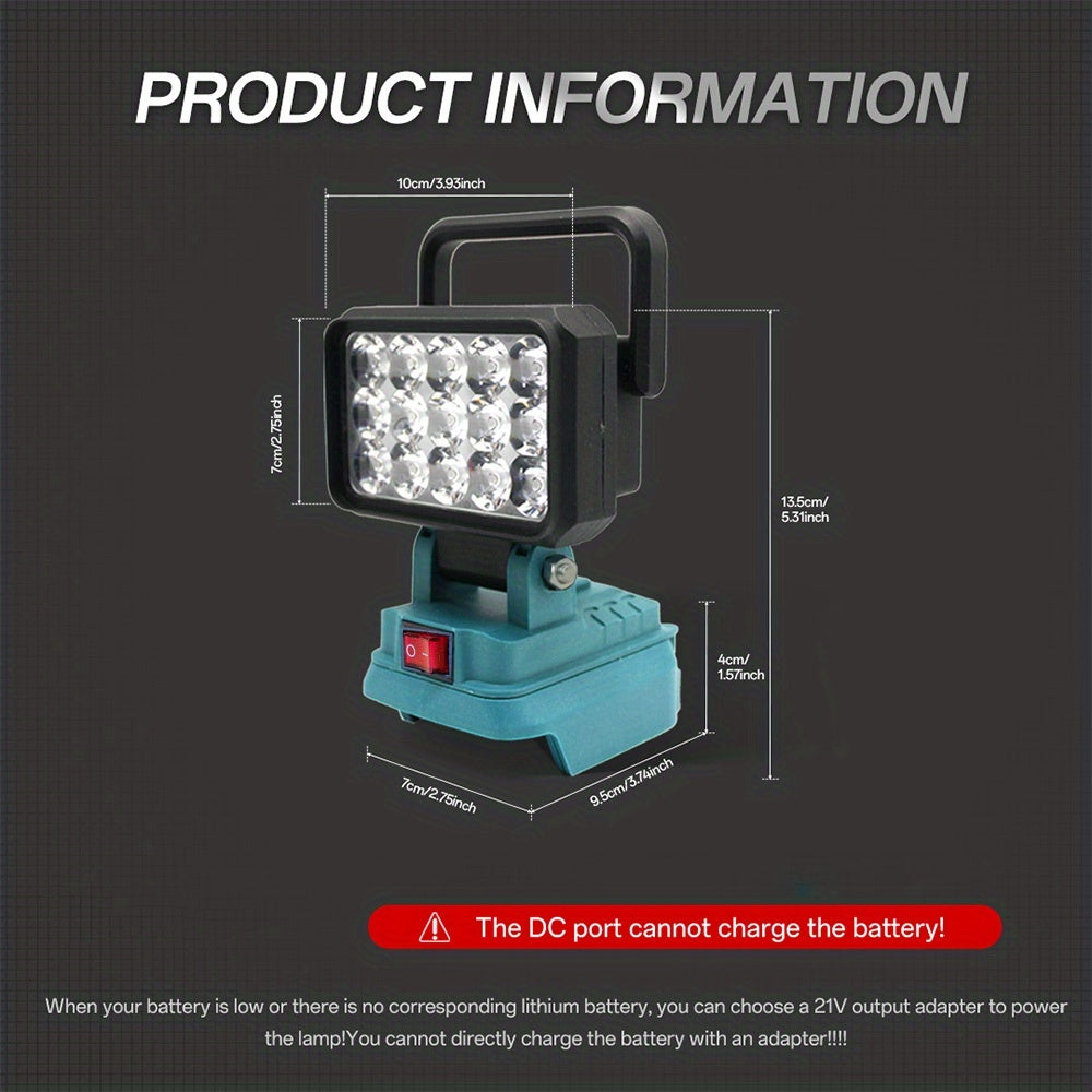 15-Pärlor LED Arbetsljusstrålkastare för Makita 18V Li-jonbatteri - Bärbar Handhållen Lampa med Justerbart Fäste, Turkos & Svart Design, Starka Vita LEDer för Förbättrad Synlighet