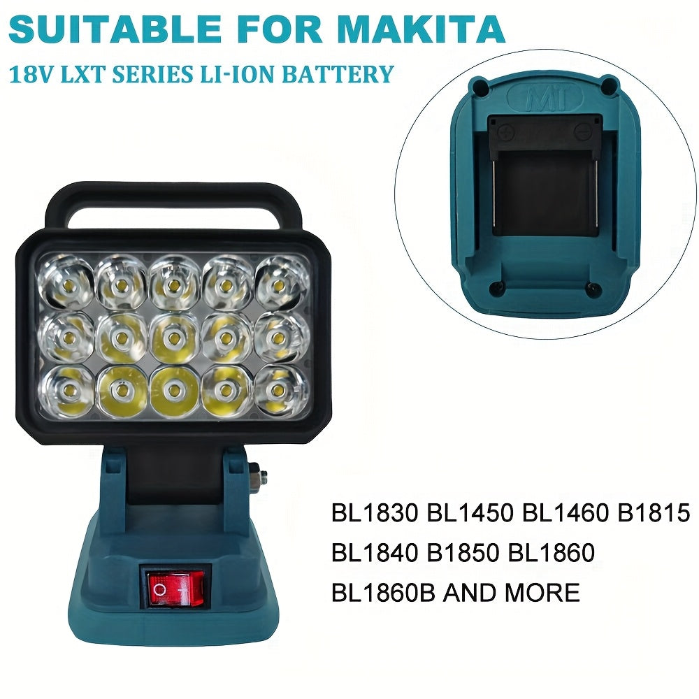15-Pärlor LED Arbetsljusstrålkastare för Makita 18V Li-jonbatteri - Bärbar Handhållen Lampa med Justerbart Fäste, Turkos & Svart Design, Starka Vita LEDer för Förbättrad Synlighet