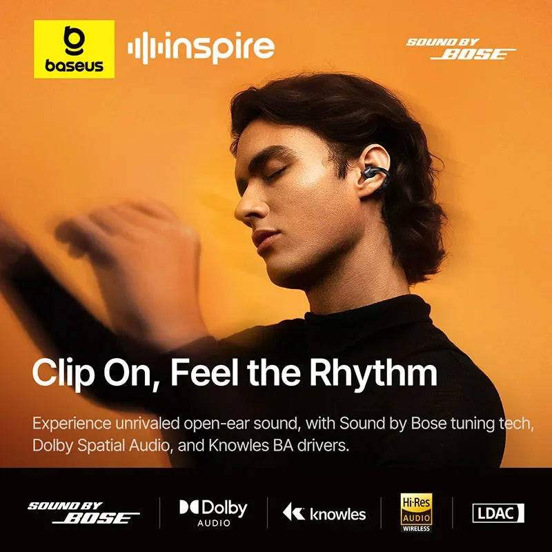 Baseus Inspire XC1 Ear Clip Wireless Earbuds Bluetooth 6.1 Hi-Res Open Earphones earrings 4-Mics Clip on ear buds Sound by Bose