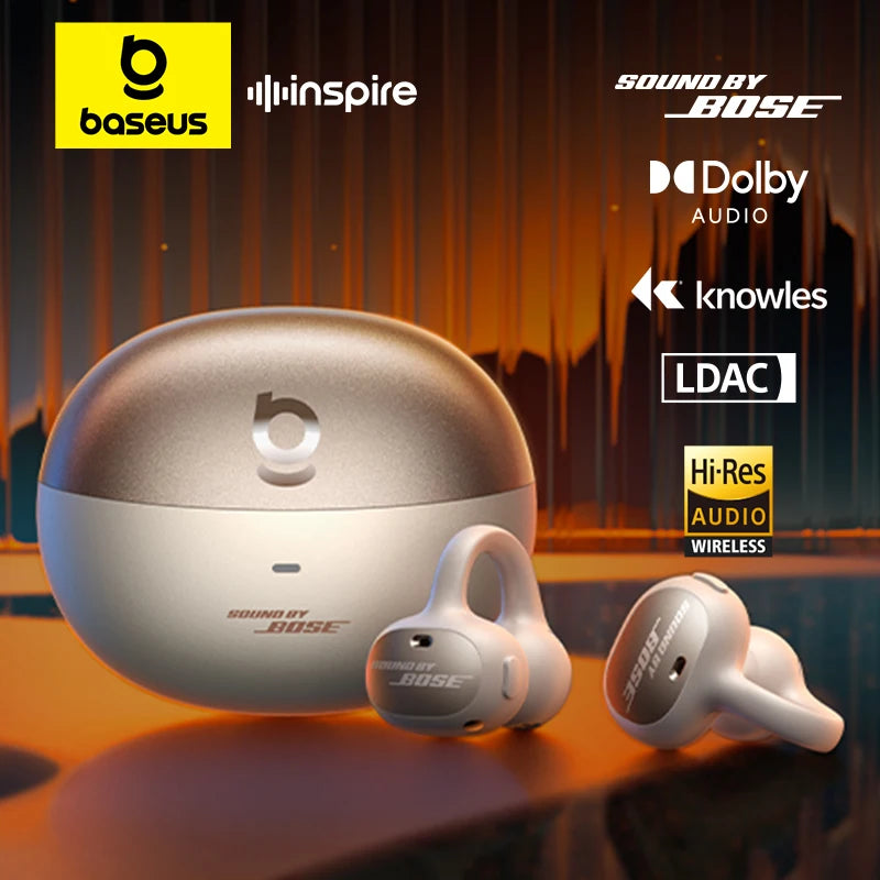 Baseus Inspire XC1 Ear Clip Wireless Earbuds Bluetooth 6.1 Hi-Res Open Earphones earrings 4-Mics Clip on ear buds Sound by Bose