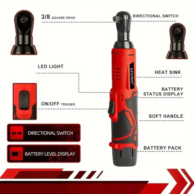 LYUWO 12V Cordless Right Angle Electric Wrench 45NM 3/8 Inch Ratchet Wrench Disassembly Nut Car Maintenance Tool With 4 Sockets